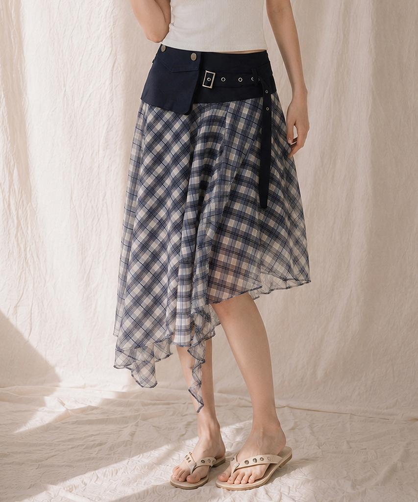Top Girl Pointed Waist Belt Check Skirt_T613Bt731