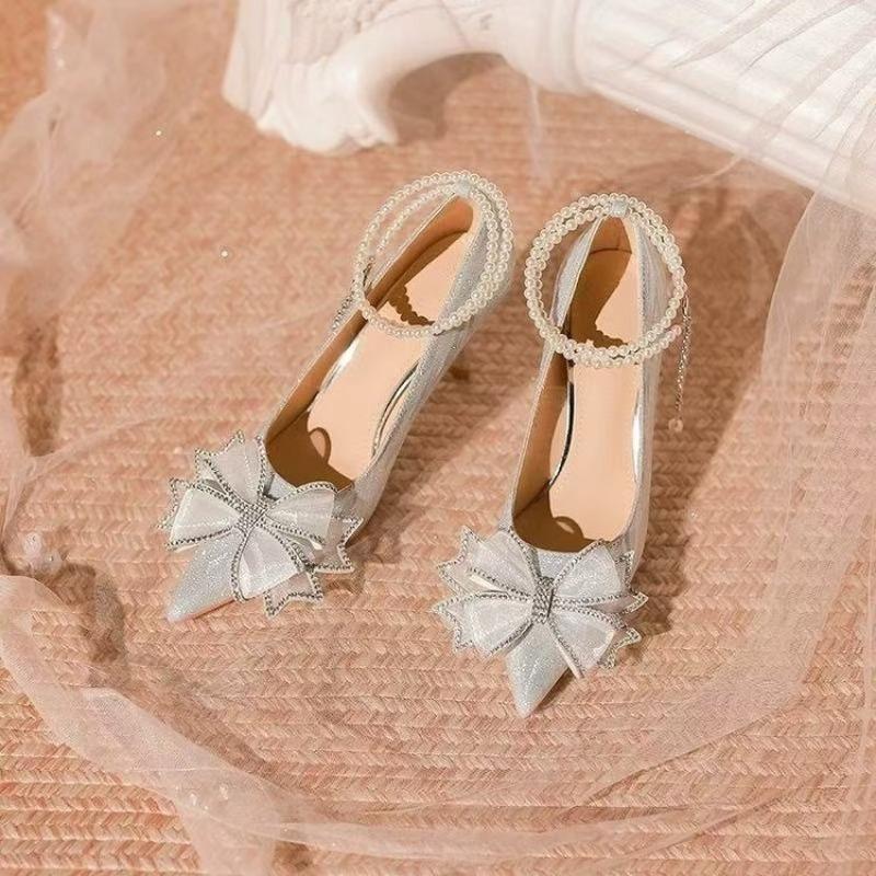Silver High-Heeled Shoes Fairy Women's -Old Adult Gift Crystal Wedding Shoes Bride Shoes New Style French Thin Heel Singl