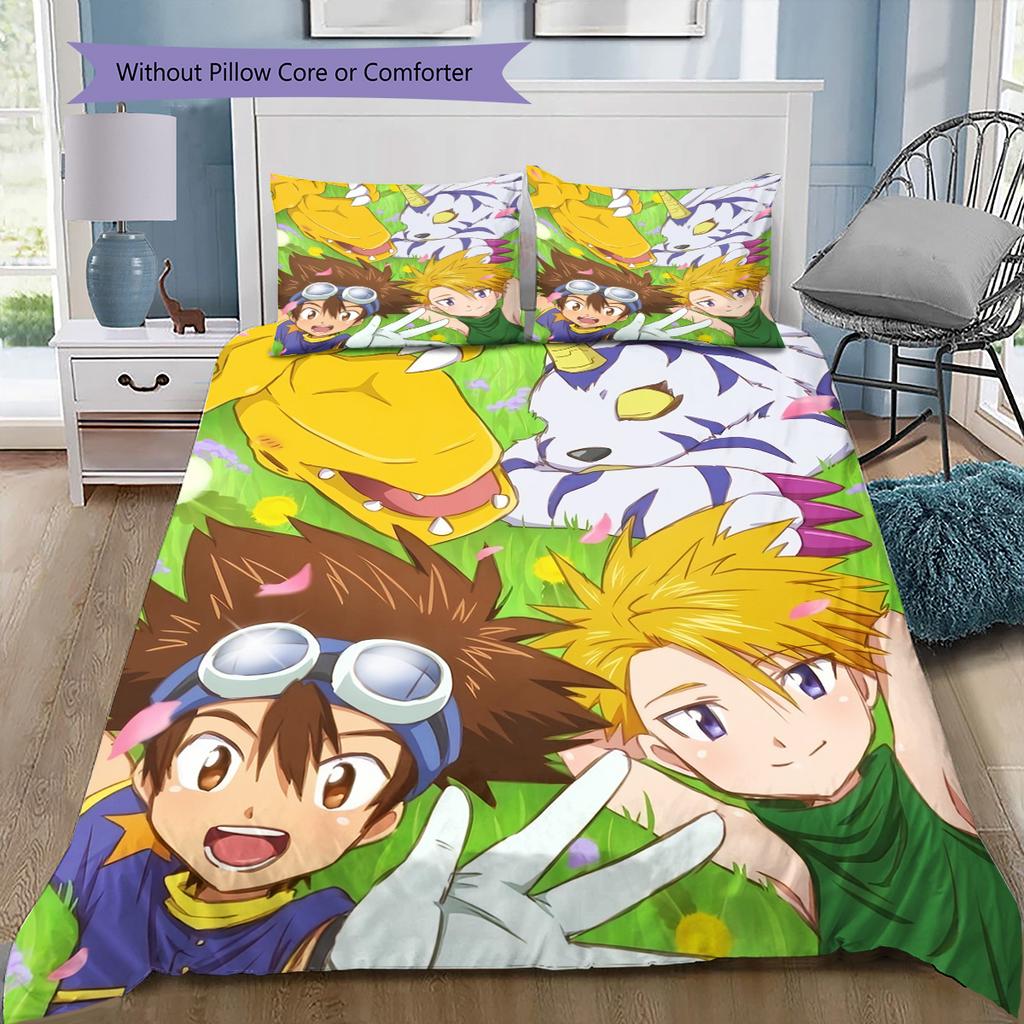 Digimon Characters Bedding Set, 1 Duvet Cover & 2 Pillowcases, Cozy Bedroom, Great Gift for Anime Fans
