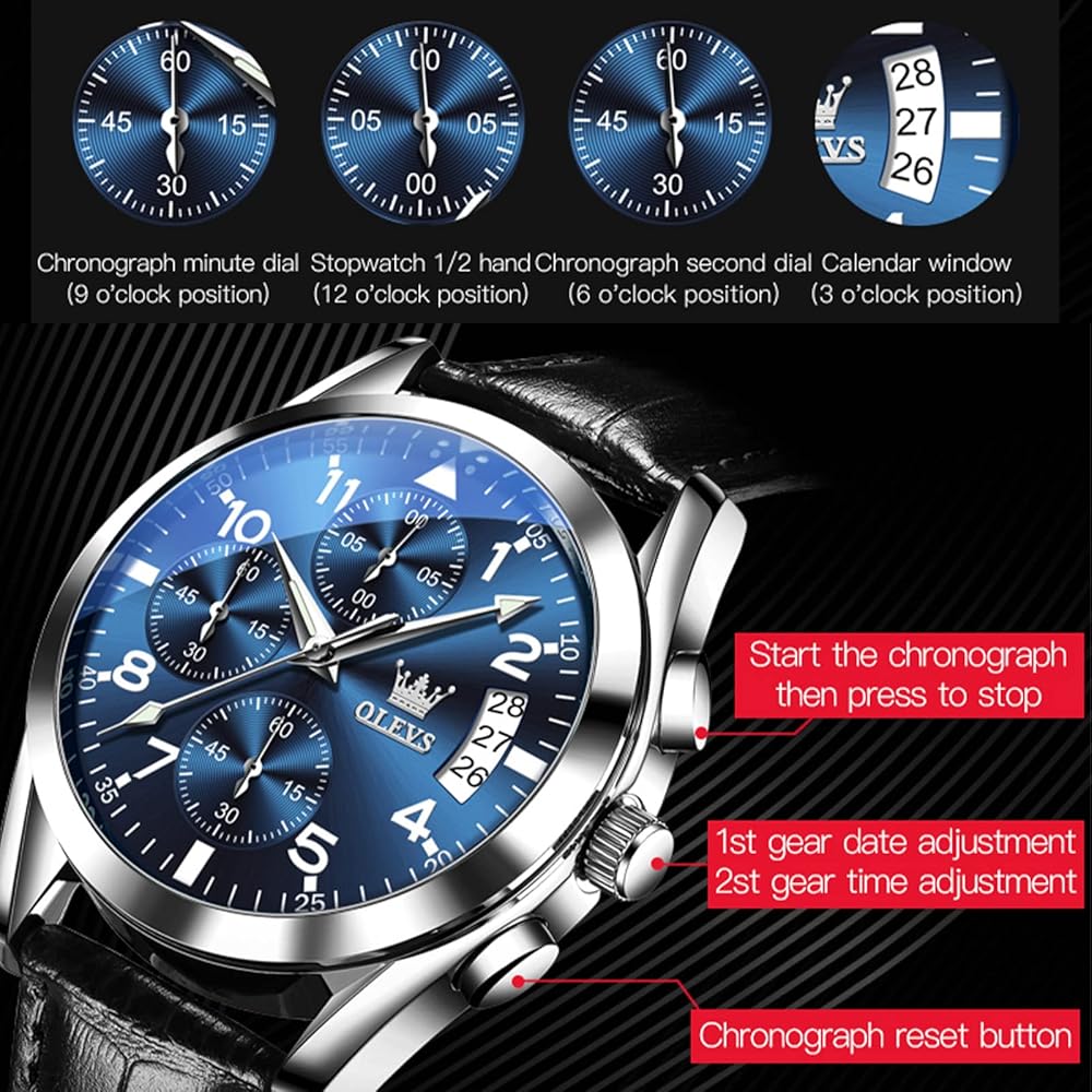 OLEVS Men's Simple Stylish Waterproof Analog Watch Black Leather Strap Arabic Numerals Date Chronograph Quartz Blue Dial