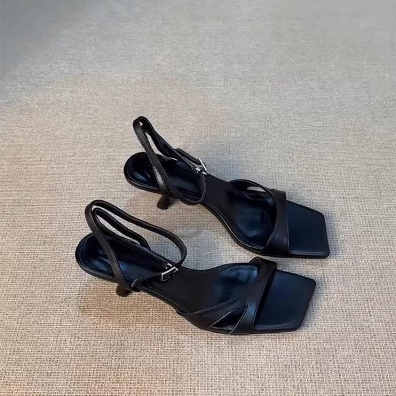 

Версия из овчины~ ретро минималистичный стиль с универсальными туфлями на высоком каблуке для работы, женственность, кожаные сандалии с открытым носком и квадратным носком 35