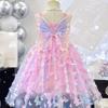 Vestido Camisola de Verão para Meninas com Grandes Borboletas Decorativas, Vestido de Princesa da Moda, Vestido de Performance Infantil, Vestido de Tule Bufante para Meninas