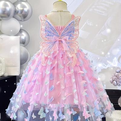 Girls' Summer Camisole Dress with Decorative Large Butterflies, Fashionable Princess Dress, Children's Performance Gown, Tulle Puff Dress for Girls