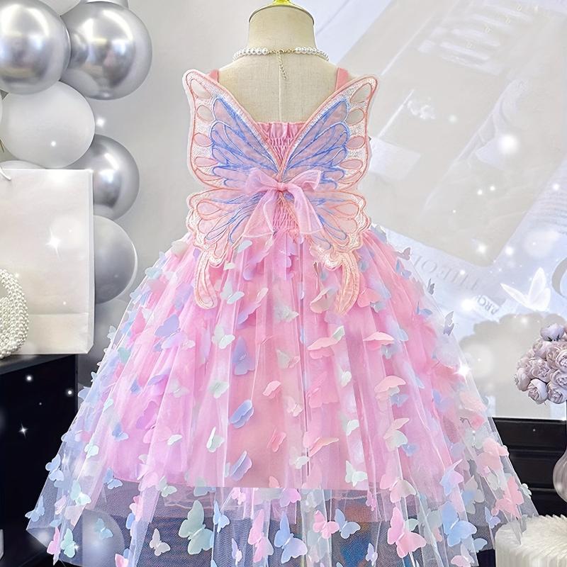 Girls' Summer Camisole Dress with Decorative Large Butterflies, Fashionable Princess Dress, Children's Performance Gown, Tulle Puff Dress for Girls