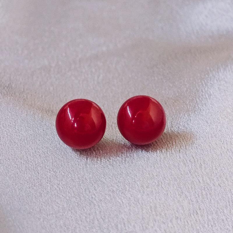 Korea Ancora Luxury Red Heart Stud Earrings with Unique Round Beads