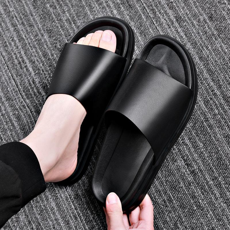 Neue Echtleder Hausschuhe Herren Dicke Sohlen Rutschfeste Flip-Flop Sandalen für Herren Mode Lässig Schwarze Sommerschuhe Herren