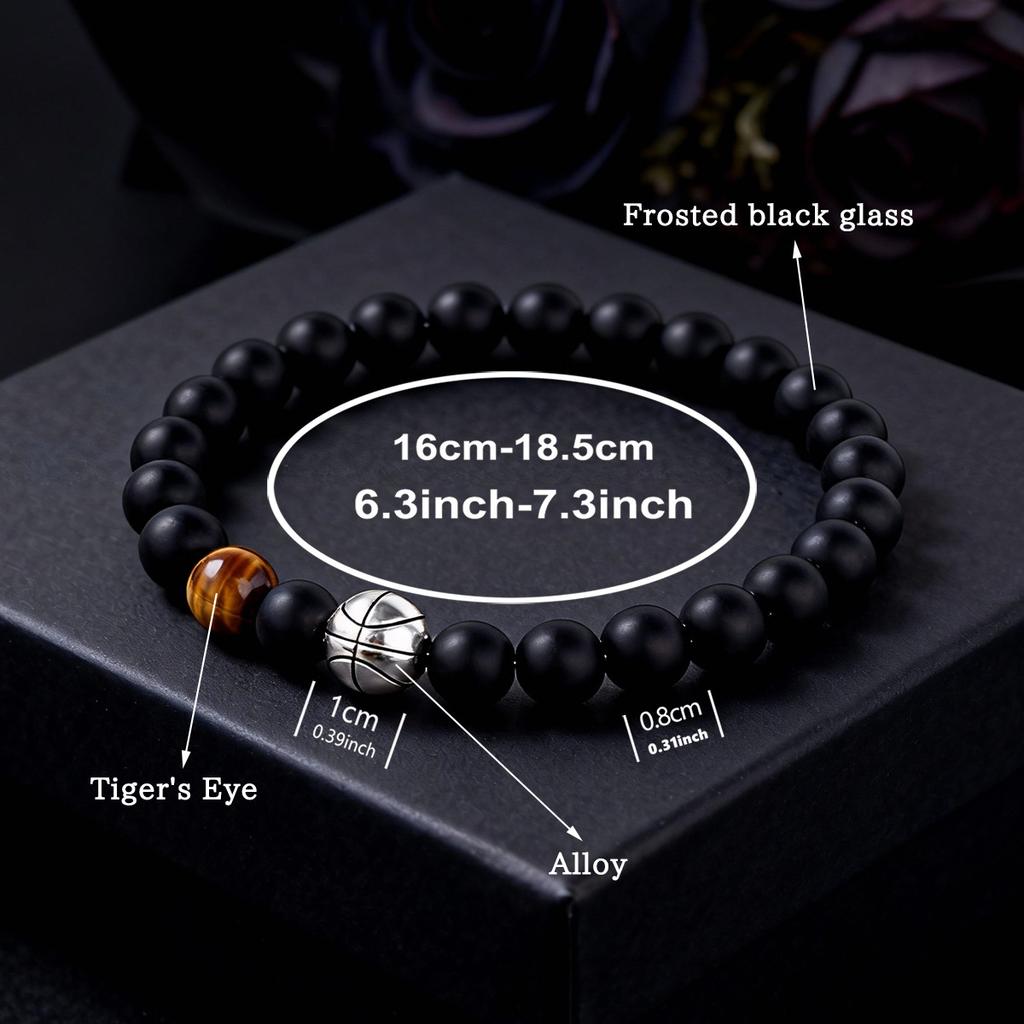 Festive Gifts Matte Black Onyx Tiger Eye Basketball Charm Beaded Bracelet Sporty Fashion Jewelry For Men Daily Wear Gift