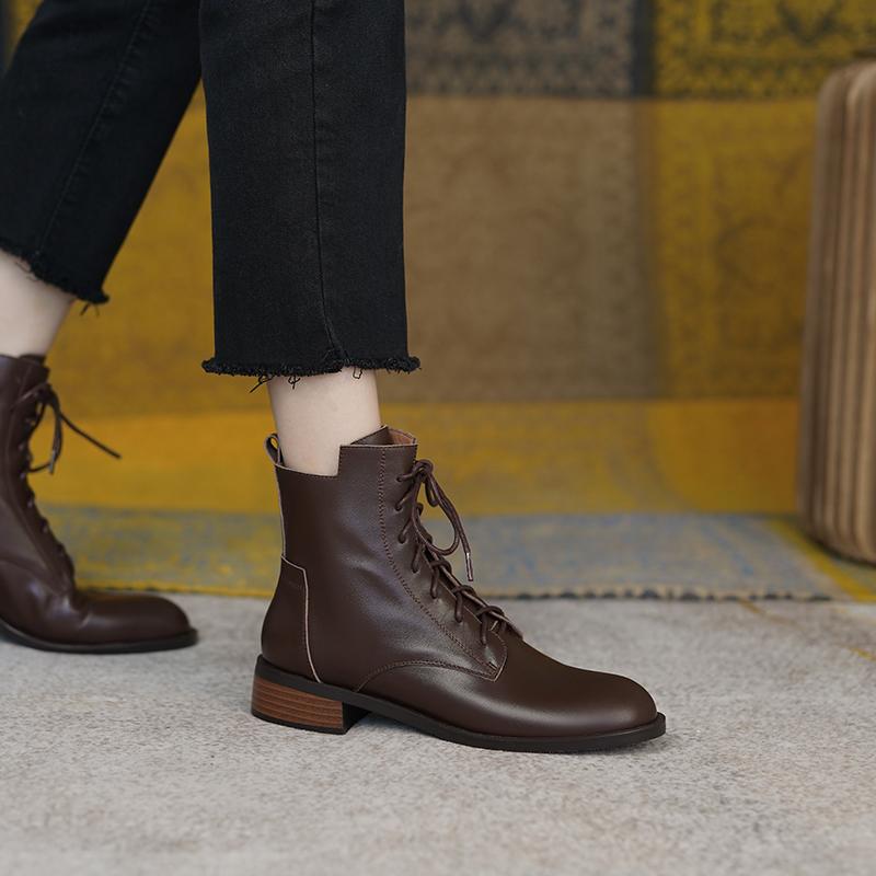 Stivali da donna autunno/inverno con punta tonda e tacco spesso, scarpe da donna, stivali in vera pelle, stivali corti con cerniera, stivali da motociclista, marroni