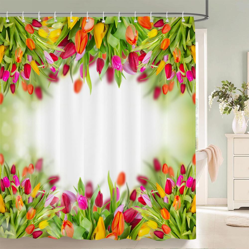 

3D Tulip Fresh Flowers Shower Curtains Bathroom Waterproof Floral Bath Curtain Polyester Cloth With Hooks Decorative Bath Screen W60H190(CM)-1 Pcs
