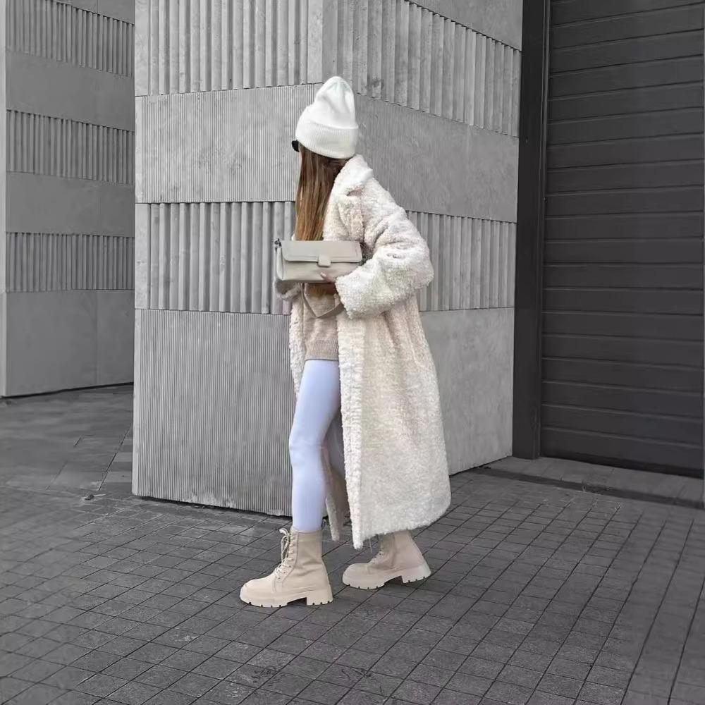 Lammwolle Langer Mantel Frauen Herbst Winter Dicke Warme Revers Eine Taste Weiblichen Mantel Neue Mode Lose Taschen Dame Outwear