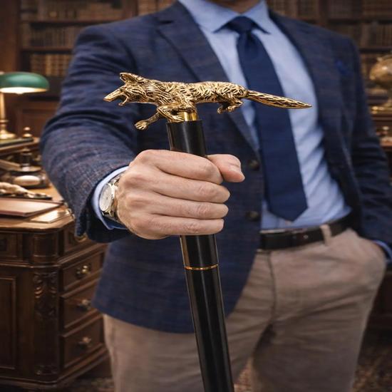 Wooden Walking Stick with Brass Wolf Head Handle Antique Style Designer Gift