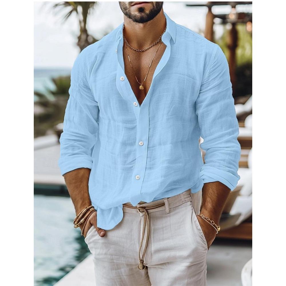 Men's Solid-Colour Cotton-Linen Blend Shirt Casual Style Long-Sleeved Business Casual Shirt