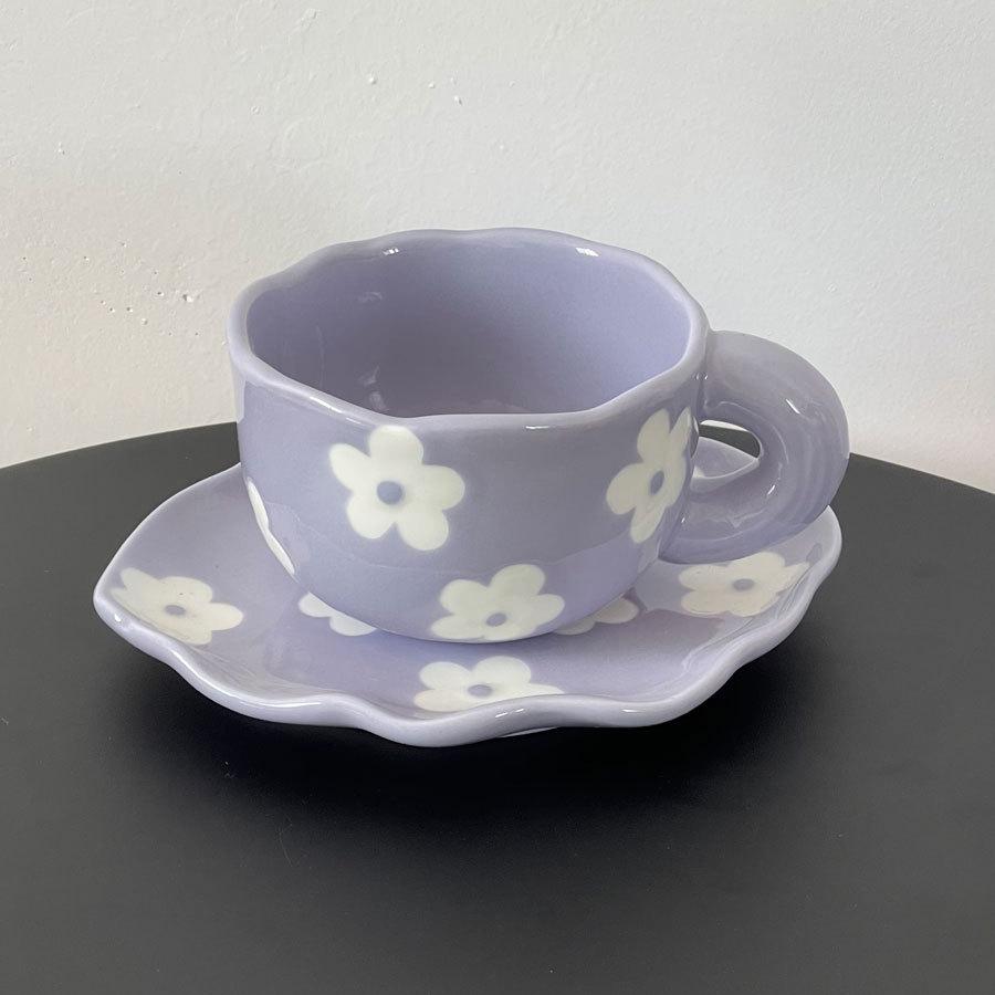 Girl'S Heart Hand-Painted Tulip Orange Bear Flower White Cloud Coffee Cup And Saucer Underglaze Irregular Ceramic Cup And Saucer