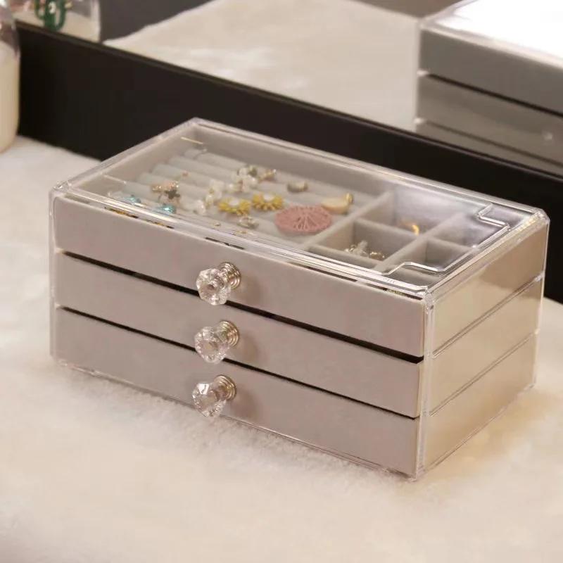 Multifunctional Velvet Jewelry Storage Box with Dustproof Drawer for Earrings Necklace Rings Bracelets
