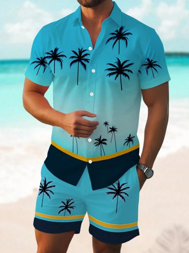 Summer Everyday Men's Sports Shorts Seaside Resort Men's Casual Shirt Men's Hawaiian Short Sleeve Shirt And Beach Shorts Set