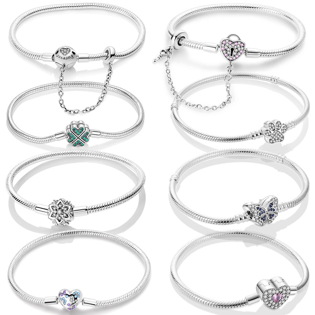 S925 Sterling Silver Bracelets 17-20CM Original Leaf Clover Butterfly Heart Bracelet Fit DIY Charms Beads Fashion Women Jewelry