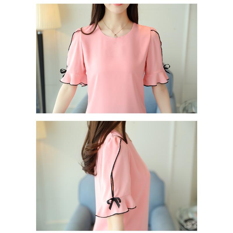 Short Sleeve Summer Tops Fashion Women Blouse Shirt Bow Sweet Top Women's Clothing Pink Apricot O-neck Chiffon Blouses