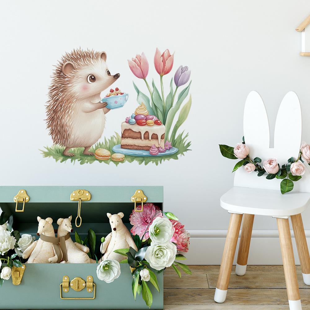 Cute Hedgehog Cake Wall Sticker Self-Adhesive Removable for Bedroom Living Room Background Home Decor
