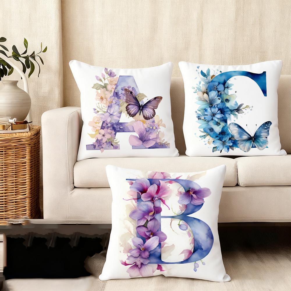Letters Floral Print Cushion Cover Soft Plush Fabric Double-Sided Printed Sofa Cushion Cover For All Seasons Home Decor Gift