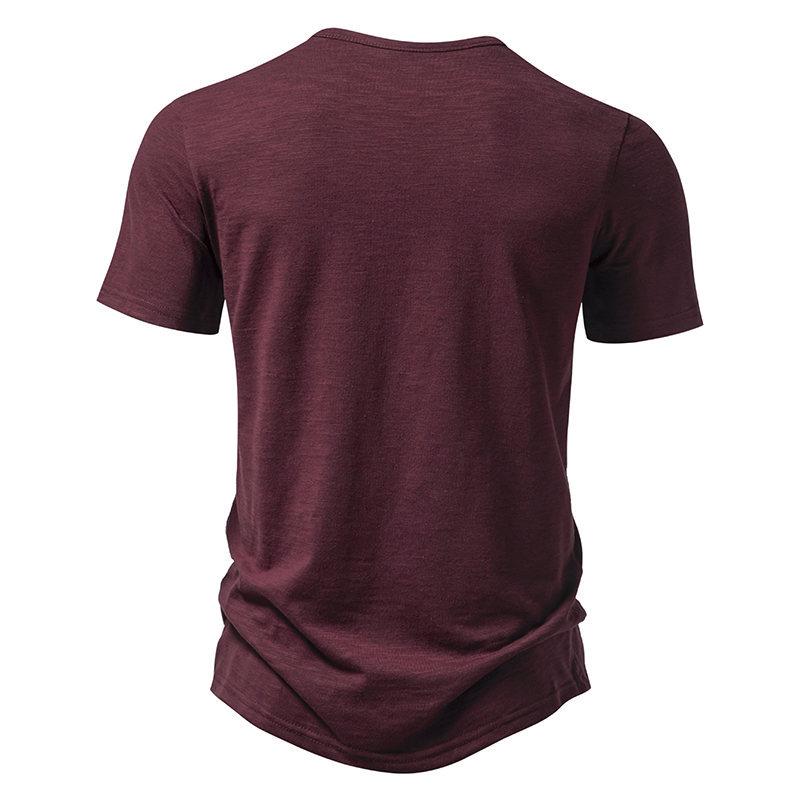Men's Bamboo Cotton Buttoned V-Neck Short-Sleeve T-Shirt, European Size, Solid Color, Breathable, Simple Design