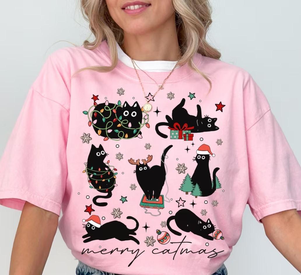 Christmas Cat Shirt Catmas Meow Christmas Tree Light Its Fine Holiday Tshirt S