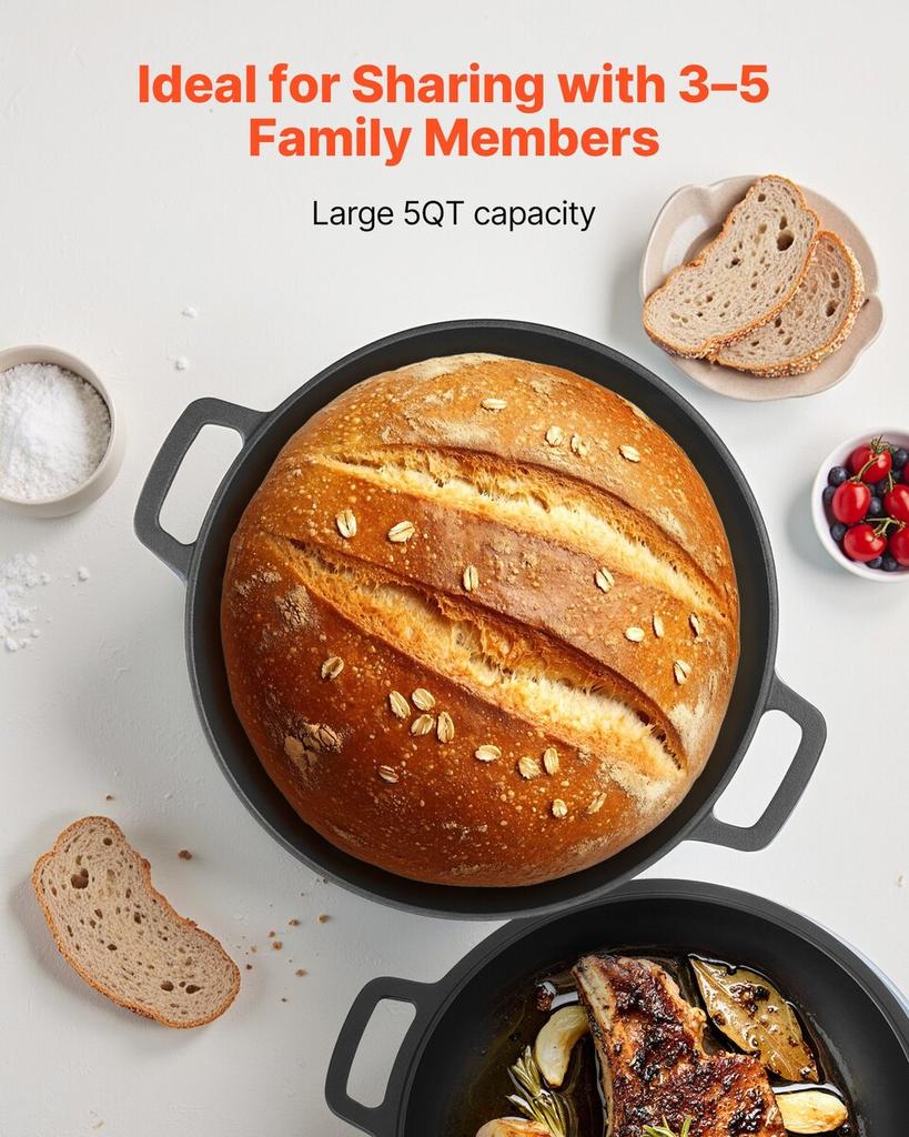 Cast Iron Dutch Oven, 2-in-1 Pre-Seasoned Pot with Skillet Lid, 4.7L Cookware Pan with Proofing Basket, Bread Baking Accessories, Bread-Oven