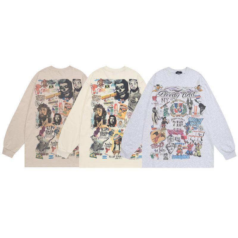 American Street Oversize Graffiti Long-Sleeved Bottom T-Shirt Men'S And Women'S Vibe Hip-Hop Trendy Long Tee Shirt