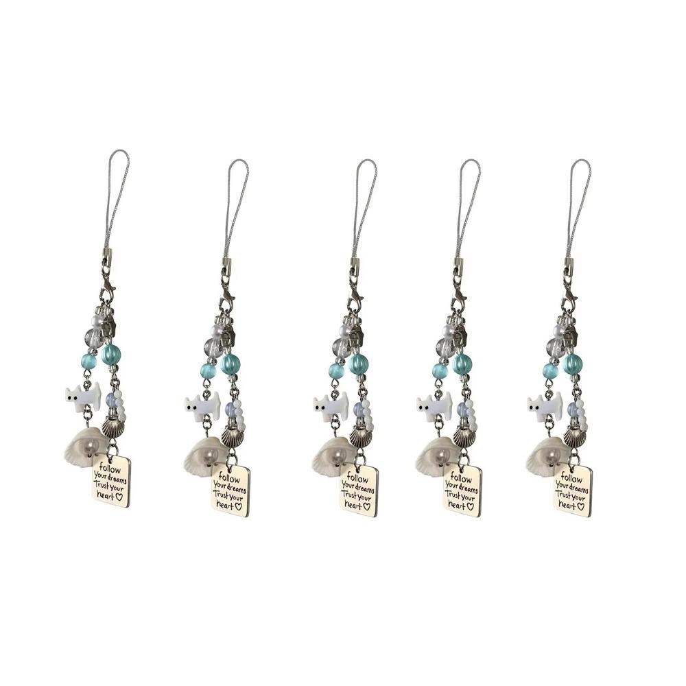 5PCS Zinc Zinc Alloy Beaded Cat Pendant Imitation Pearl Keyring Sweet Shell Pearl Phone Lanyard  Beach
