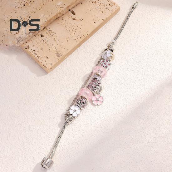 Women Bangle Multi Flower Clover Pendant Secure Closure Rhinestone Decor Alloy Adjustable Bracelet Prom Dating Work Wrist Jewelry