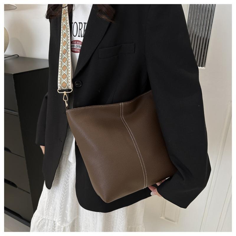 Today's Popular Retro High-texture Bucket Simple Bag Women's Bag Pu Sewing Line Oblique Span Shoulder Armpit Bag