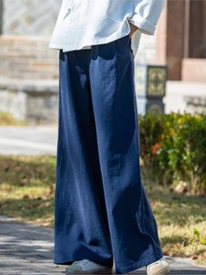 Frauen Vintage Leinen Breite Bein Hosen Einfarbig Lose Elastische Taille Hosen Frühling Taschen Weiche Frauen Hosen