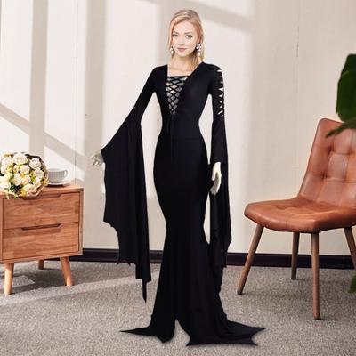 Women Halloween Dress Lace-up Slim Fit Irregular Ruffle Cuff Bell Sleeves Hollow Out Round Neck Solid Color Vampires Cosplay Performance Maxi Dress