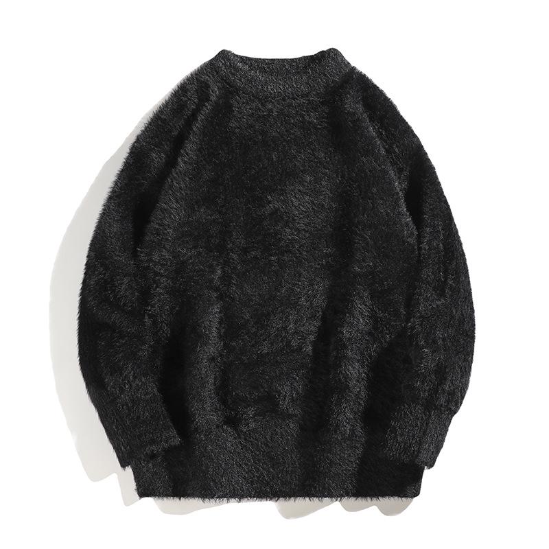 Унисекс ретро свитер из мохера - Осенне-зимний свободный вязаный топ однотонный с отделкой из искусственного меха норки 3XL чёрный 2280₽