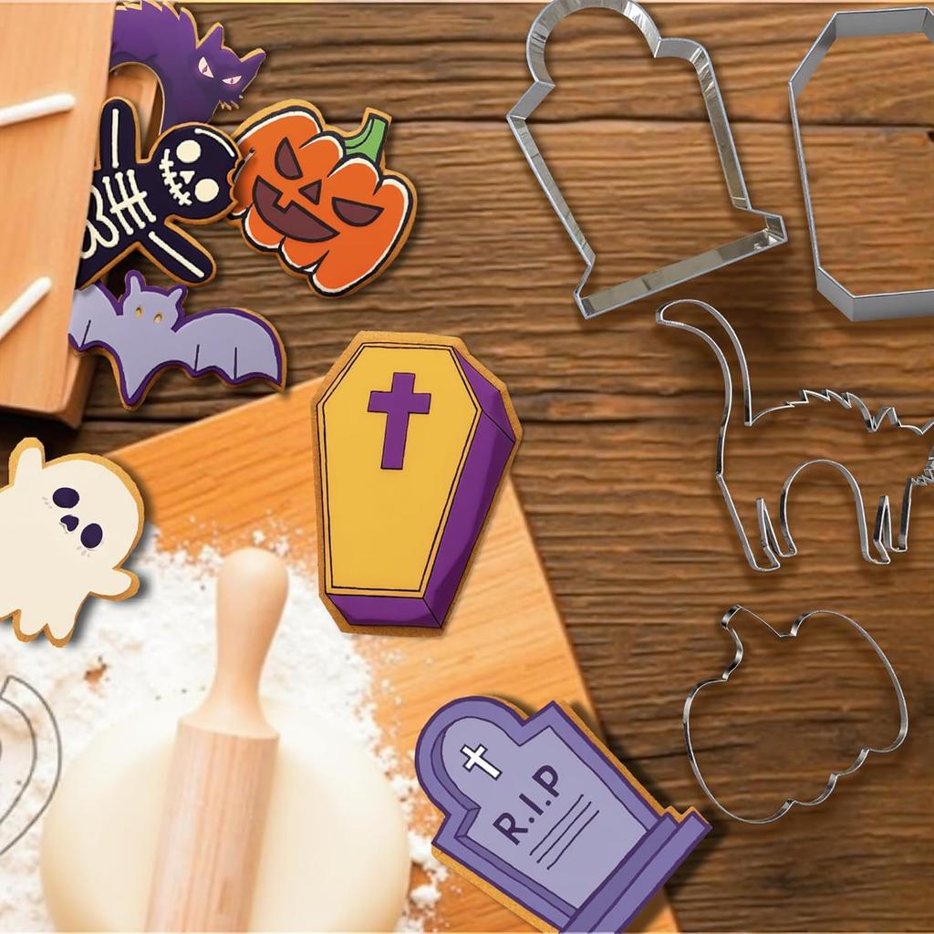 OHOME 9 PCS Halloween Cookie Cutters Kit Halloween Party Favors - Shaped In Bat Ghost Cat Pumpkin Coffin | Stainless Steel Halloween Party