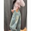 Jeans Larghi da Donna a Vita Alta Blu Chiaro Ricamati