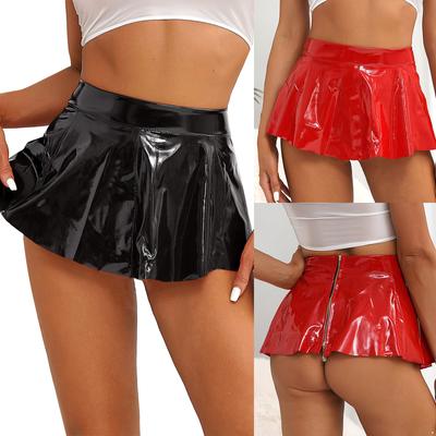 Damen Wet Look Lackleder ausgestellter Rock Clubwear A-Linie Minirock mit Reißverschluss hinten