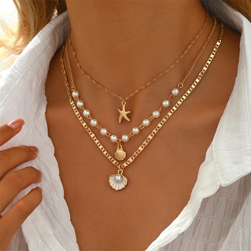 Multi-layer   necklace, gold  pearl fishtail chain pendant necklace, fashionable bohemian  pendant necklace