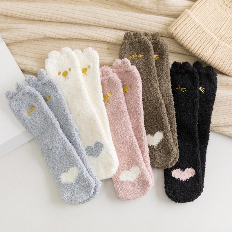 Thickened Autumn Winter Female Coral Fleece Floor Socks Warm Comfortable Plush Small Ear Cat Outdoor Home Leisure Sock