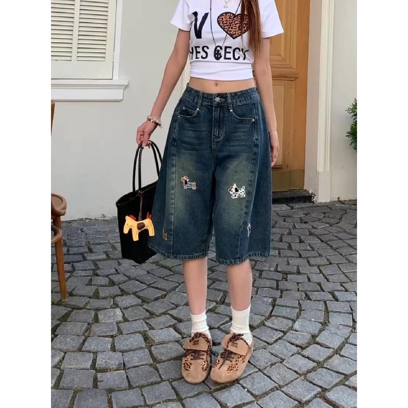 Stylish Embroidered Women's Denim Shorts 2026 Summer Loose Wide-Leg Straight Pants