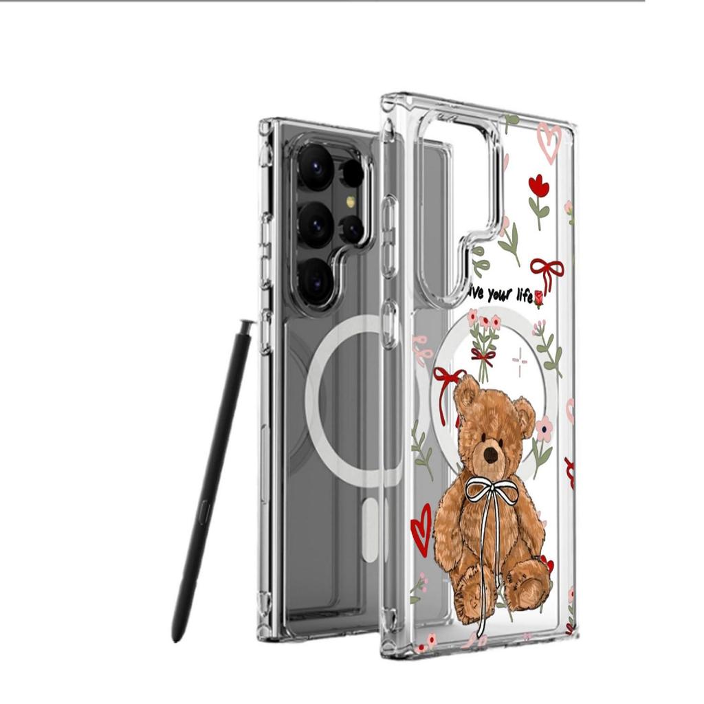 Floral Bear Magnetic Full Coverage Transparent Case for Apple iPhone 14-17 Pro Max