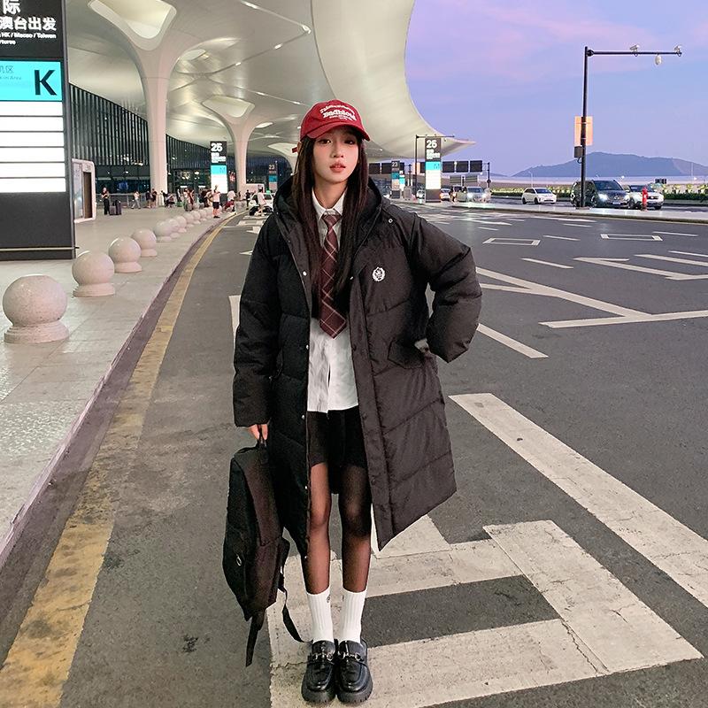 

Loose and thin large size college cotton-padded coat long over knee hooded down cotton-padded jacket women s coat M чёрный