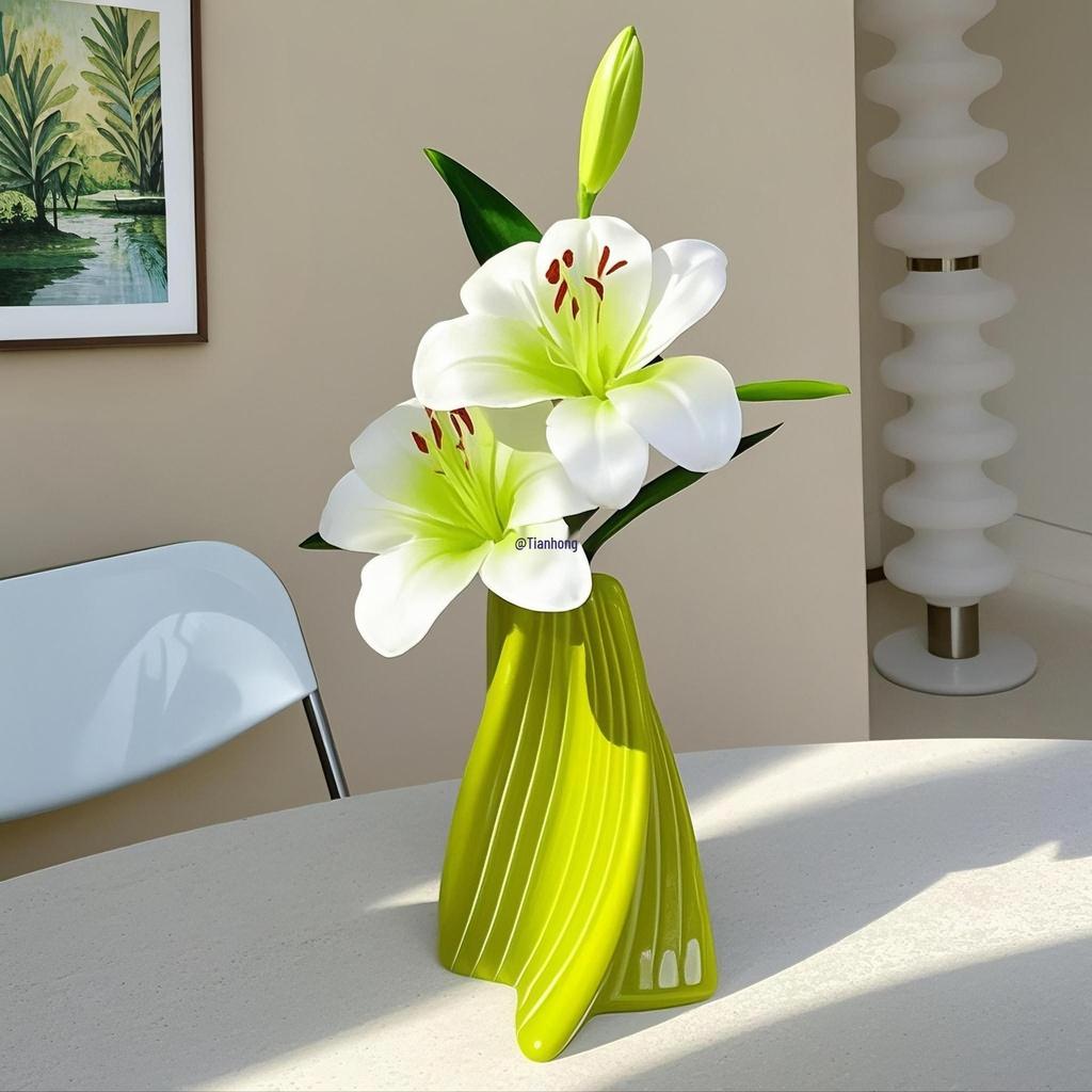 Lily Green Plant Decorative Floral Arrangement In Ceramic Vase - Luxurious Artificial Ornament for Living Room or Dining Table