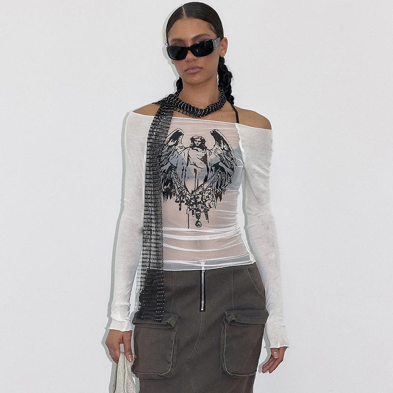 Y23TP642 Europäisch-Amerikanisches Mesh-Strick Ein-Schulter Print Durchsichtig Damen Top.