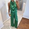 Dámské dvoudílné saténové outfity Halter Neck top bez rukávů a kalhoty se širokými nohavicemi Ležérní dovolenkový lounge set