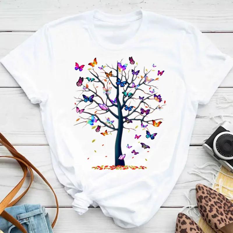 Women's colorful butterfly petal print T-shirt short-sleeved round neck cute graphic top