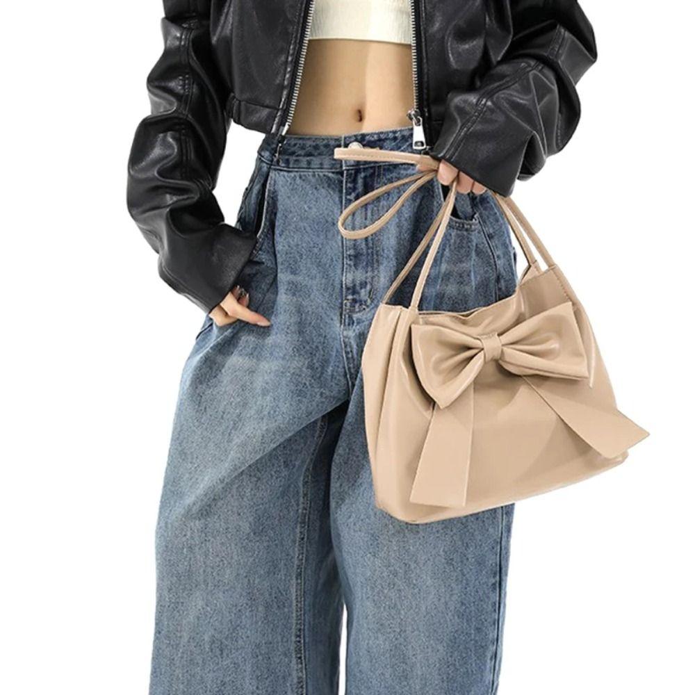 Solid Color INS Tote Bag Bucket Bag Fashion Underarm Bag Simple PU Bow Shoulder Bag  Women
