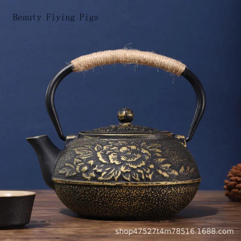 Retro Nostalgic Black Particle Cast Iron Teapot for Home Use, Large Capacity Lifting Beam Teapot, Uncoated Pig Iron Teapot