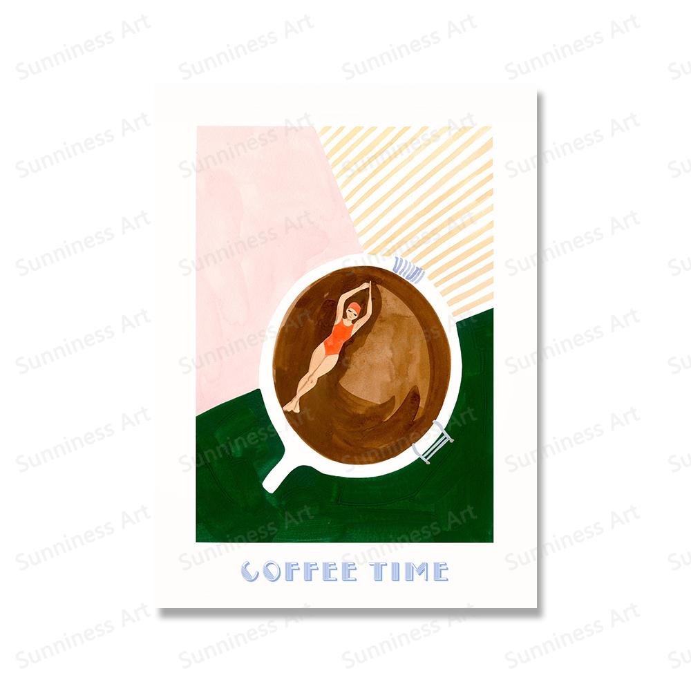 Kaffeplakat Lerretsmaleri God Morgen Kaffe Svømmer Dypdykk Trykk Moderne Nordisk Veggkunst Bilder til Kjøkken Hjemmedekor