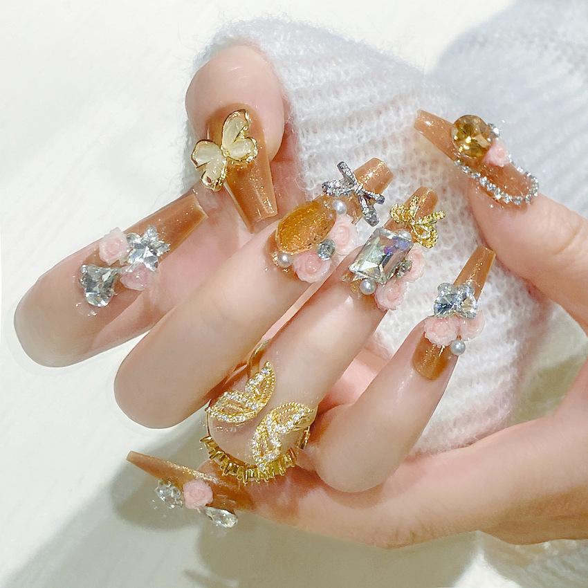 Medium Coffin Press On Nails with Rhinestones Designs Reusable Full Cover Glue On Fake Nails Press Ons Artificial False Nails Stick On Nails for Women