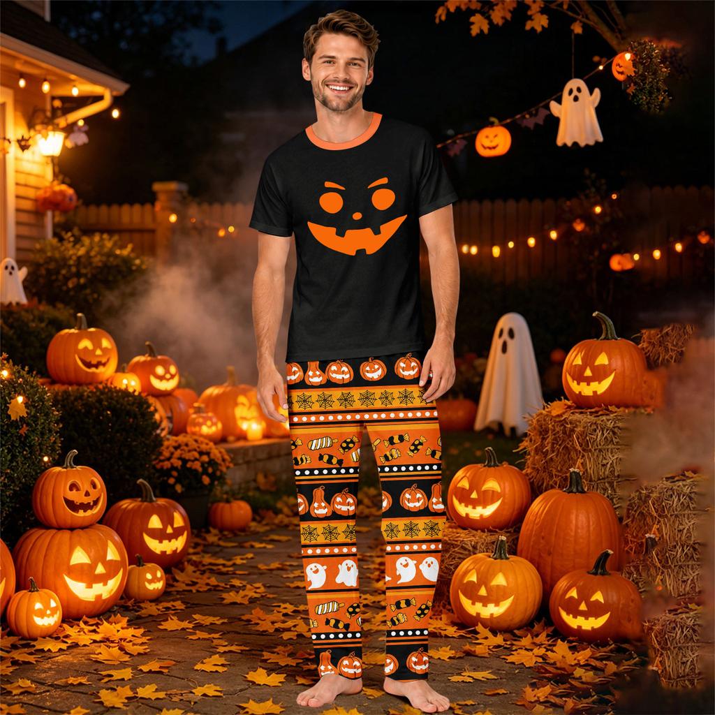 Family Matching Halloween Print Short Sleeve Loungewear Set with Tops and Pants for Parents and Kids
